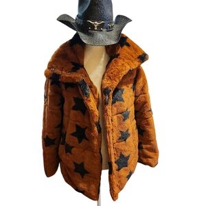 Plush Orange and Black Teddy Jacket with Collared Neckline